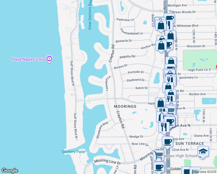 map of restaurants, bars, coffee shops, grocery stores, and more near 3000 Leeward Lane in Naples
