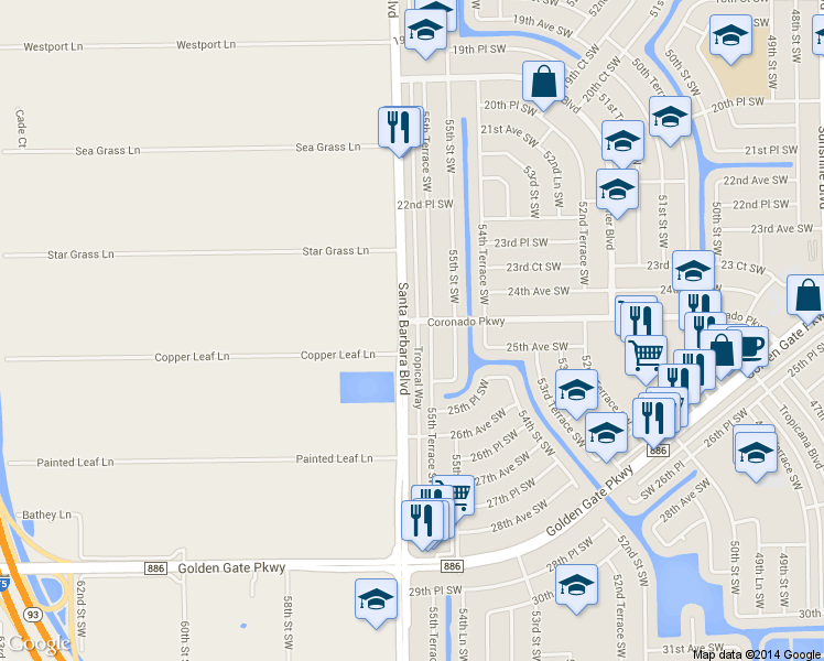 map of restaurants, bars, coffee shops, grocery stores, and more near 2454 Santa Barbara Boulevard in Naples