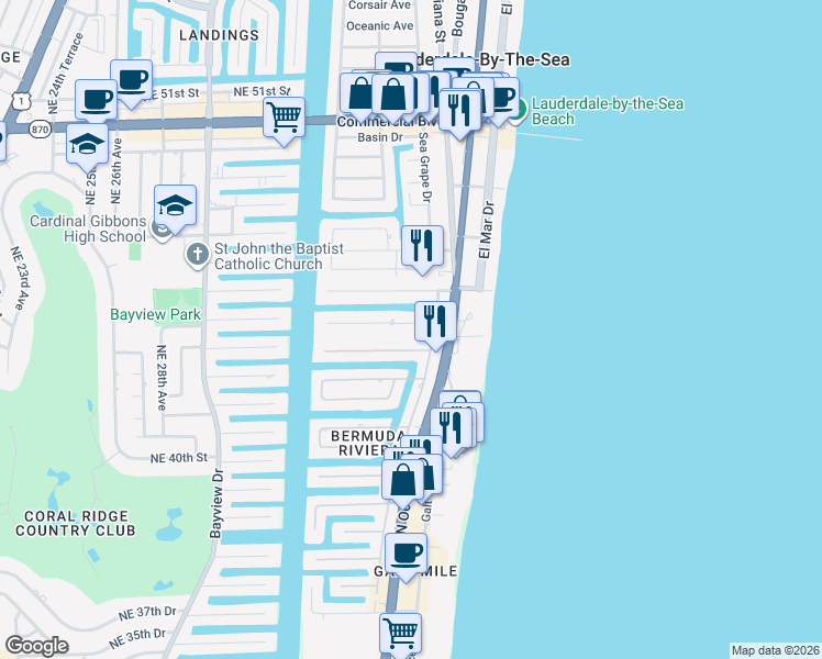 map of restaurants, bars, coffee shops, grocery stores, and more near 224 Codrington Drive in Lauderdale-by-the-Sea