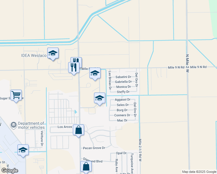 map of restaurants, bars, coffee shops, grocery stores, and more near 2201 Las Brisas Drive in Weslaco