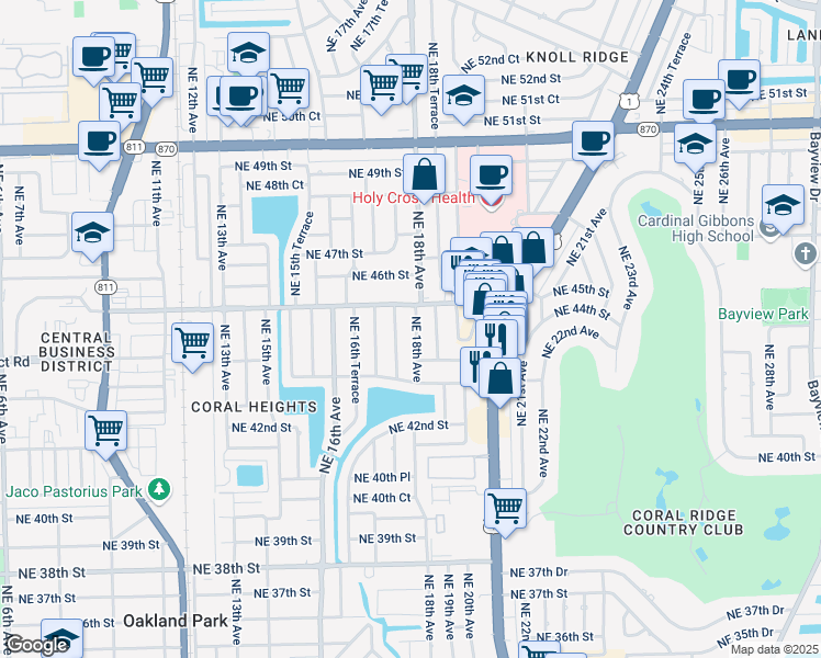 map of restaurants, bars, coffee shops, grocery stores, and more near 4430 Northeast 18th Avenue in Oakland Park