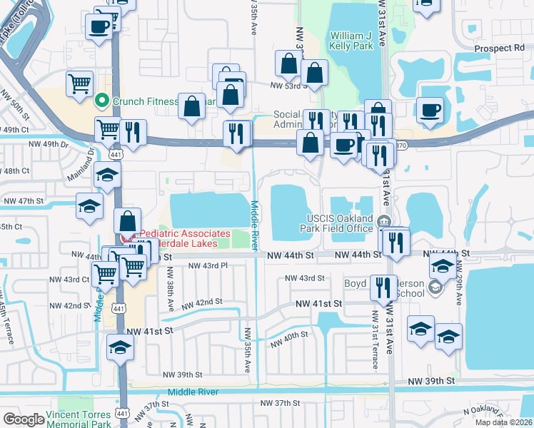 map of restaurants, bars, coffee shops, grocery stores, and more near 3433 Northwest 44th Street in Lauderdale Lakes