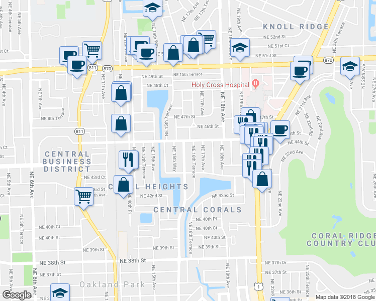 map of restaurants, bars, coffee shops, grocery stores, and more near 4430 Northeast 16th Avenue in Oakland Park