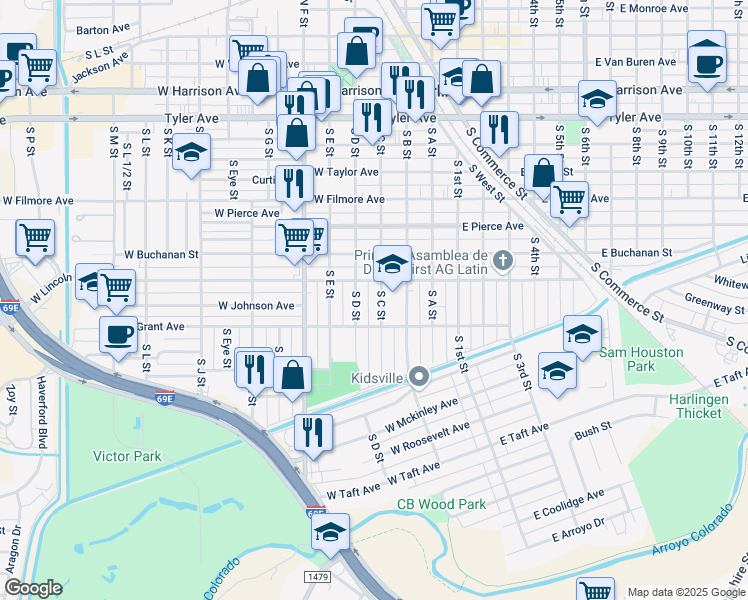 map of restaurants, bars, coffee shops, grocery stores, and more near 1021 S D St in Harlingen