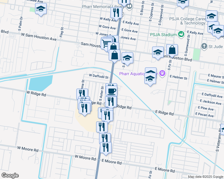 map of restaurants, bars, coffee shops, grocery stores, and more near 1207 South Cage Boulevard in Pharr