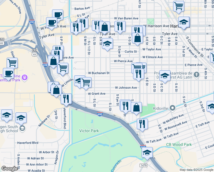 map of restaurants, bars, coffee shops, grocery stores, and more near 1106 West Johnson Avenue in Harlingen