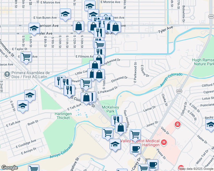 map of restaurants, bars, coffee shops, grocery stores, and more near 1610 Elmwood Drive in Harlingen