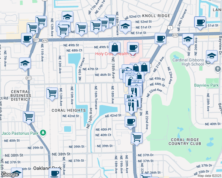 map of restaurants, bars, coffee shops, grocery stores, and more near 4430 Northeast 18th Avenue in Oakland Park
