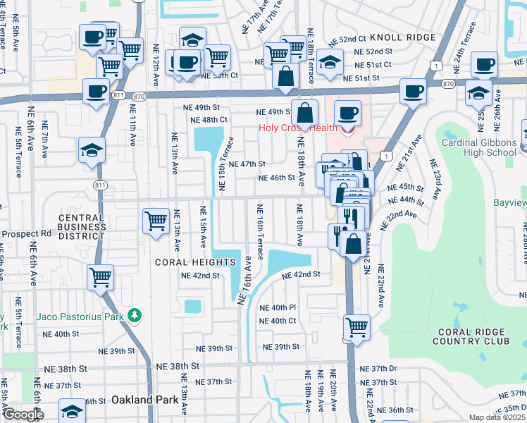 map of restaurants, bars, coffee shops, grocery stores, and more near 4430 Northeast 16th Avenue in Oakland Park