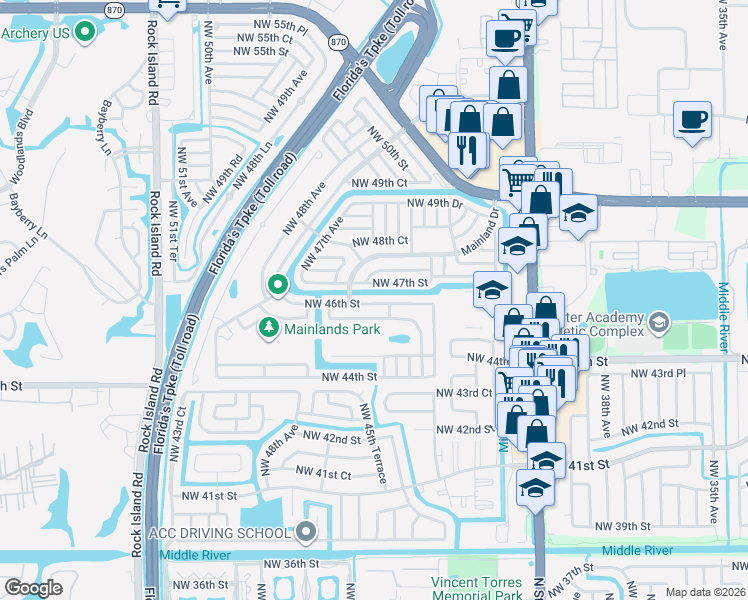 map of restaurants, bars, coffee shops, grocery stores, and more near 4515 Northwest 46th Street in Tamarac