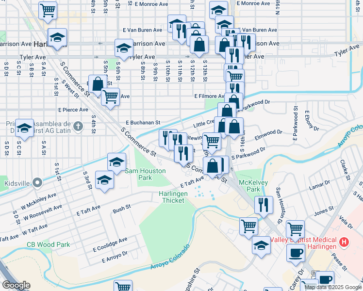 map of restaurants, bars, coffee shops, grocery stores, and more near 1049 Greenway Street in Harlingen