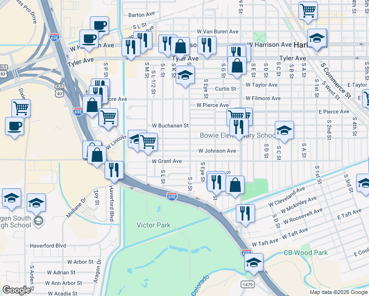 map of restaurants, bars, coffee shops, grocery stores, and more near 1106 West Johnson Avenue in Harlingen