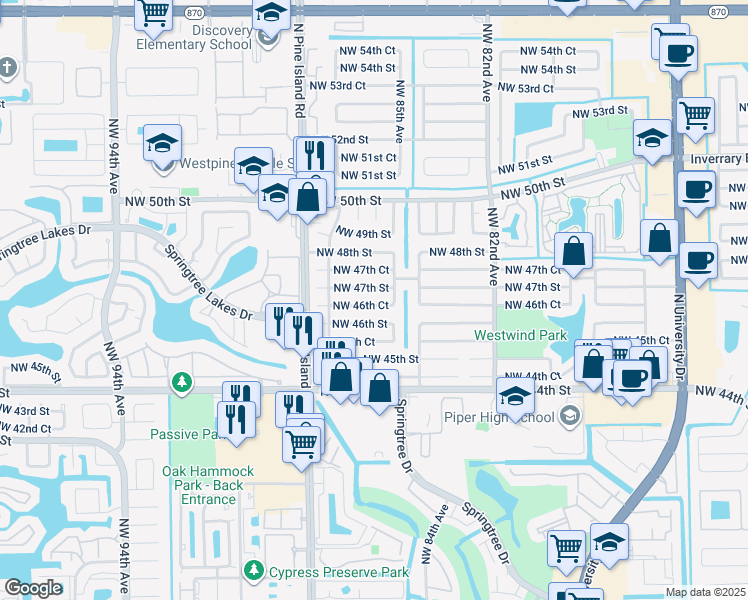 map of restaurants, bars, coffee shops, grocery stores, and more near 8541 Northwest 46th Court in Lauderhill