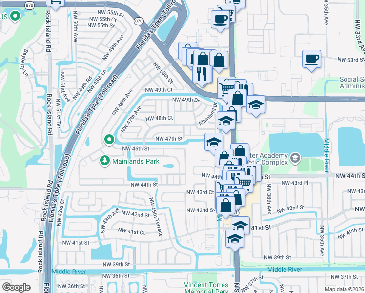 map of restaurants, bars, coffee shops, grocery stores, and more near 4303 Northwest 46th Street in Tamarac