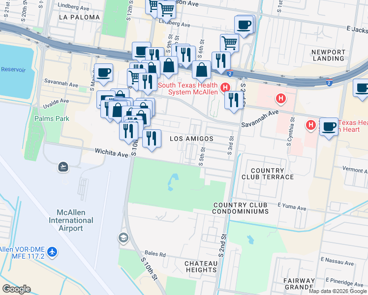 map of restaurants, bars, coffee shops, grocery stores, and more near 25 South 6th Street in McAllen