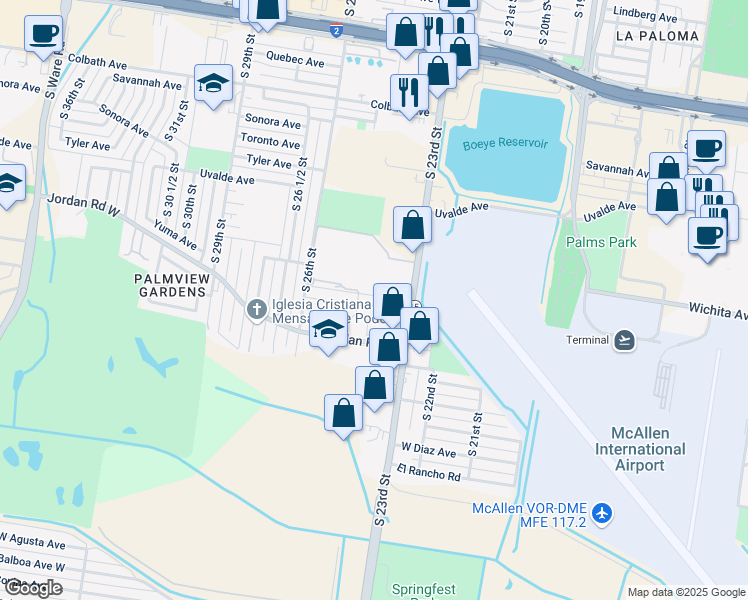 map of restaurants, bars, coffee shops, grocery stores, and more near 2400 Yuma Avenue in McAllen