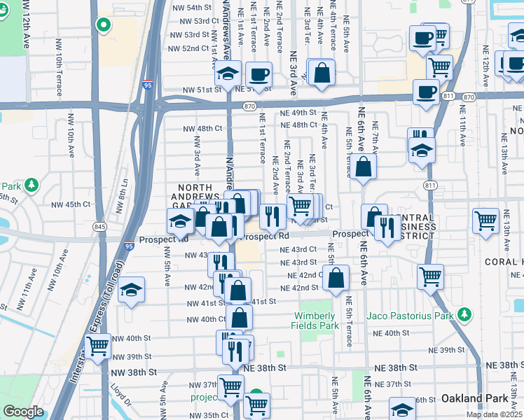 map of restaurants, bars, coffee shops, grocery stores, and more near 4549 Northeast 1st Terrace in Fort Lauderdale