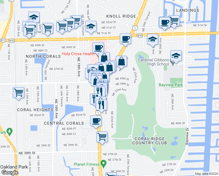 map of restaurants, bars, coffee shops, grocery stores, and more near 27 Northeast 21st Avenue in Fort Lauderdale