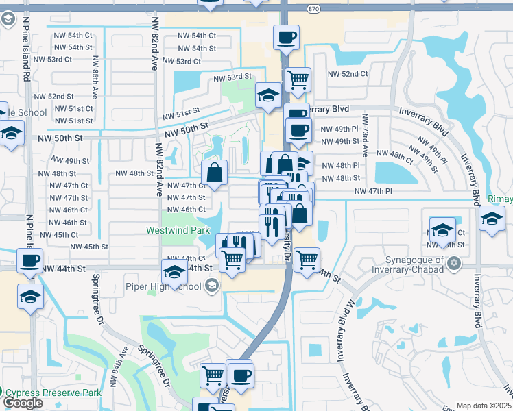 map of restaurants, bars, coffee shops, grocery stores, and more near 7781 Northwest 79th Avenue in Lauderhill