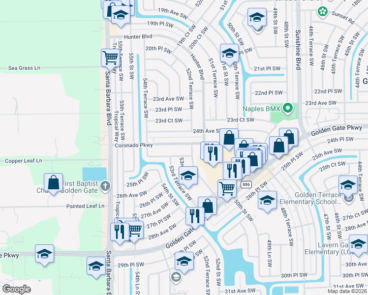 map of restaurants, bars, coffee shops, grocery stores, and more near 5256 Coronado Parkway in Naples