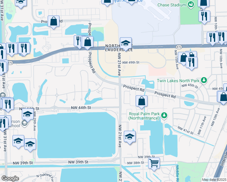map of restaurants, bars, coffee shops, grocery stores, and more near in Oakland Park
