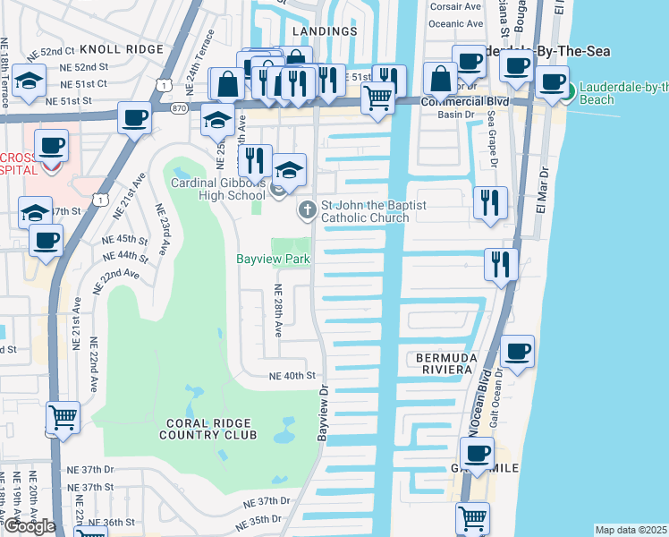 map of restaurants, bars, coffee shops, grocery stores, and more near 3030 Northeast 44th Street in Fort Lauderdale