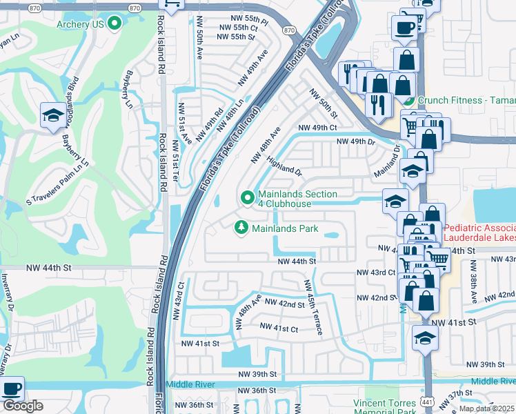 map of restaurants, bars, coffee shops, grocery stores, and more near 4629 Northwest 46th Street in Tamarac
