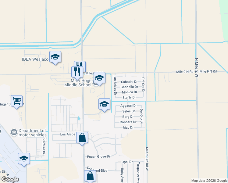 map of restaurants, bars, coffee shops, grocery stores, and more near 2205 Las Brisas Drive in Weslaco