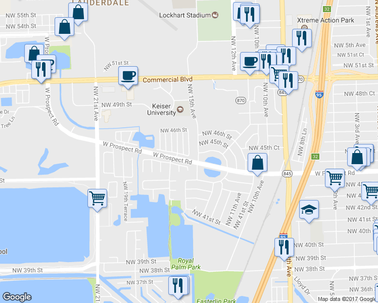 map of restaurants, bars, coffee shops, grocery stores, and more near 4554 Northwest 16th Avenue in Tamarac