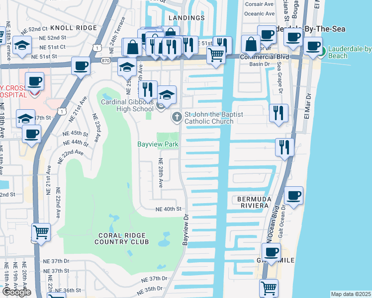 map of restaurants, bars, coffee shops, grocery stores, and more near 3030 Northeast 44th Street in Fort Lauderdale