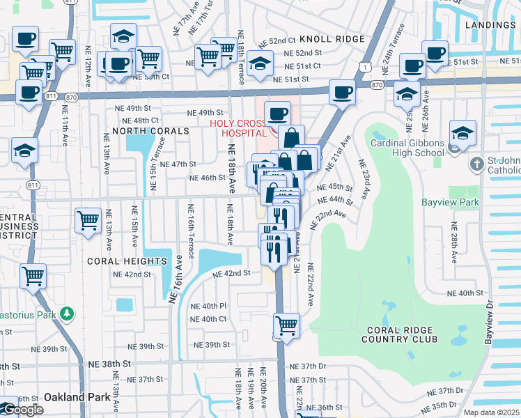 map of restaurants, bars, coffee shops, grocery stores, and more near 4430 Northeast 20th Avenue in Oakland Park