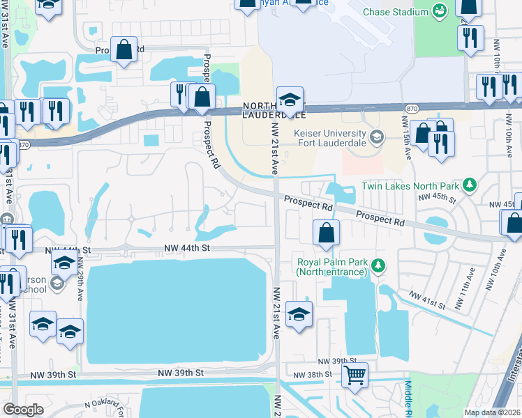 map of restaurants, bars, coffee shops, grocery stores, and more near in Oakland Park