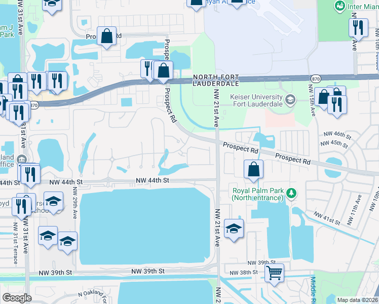 map of restaurants, bars, coffee shops, grocery stores, and more near 4456 Appleton Circle West in Oakland Park