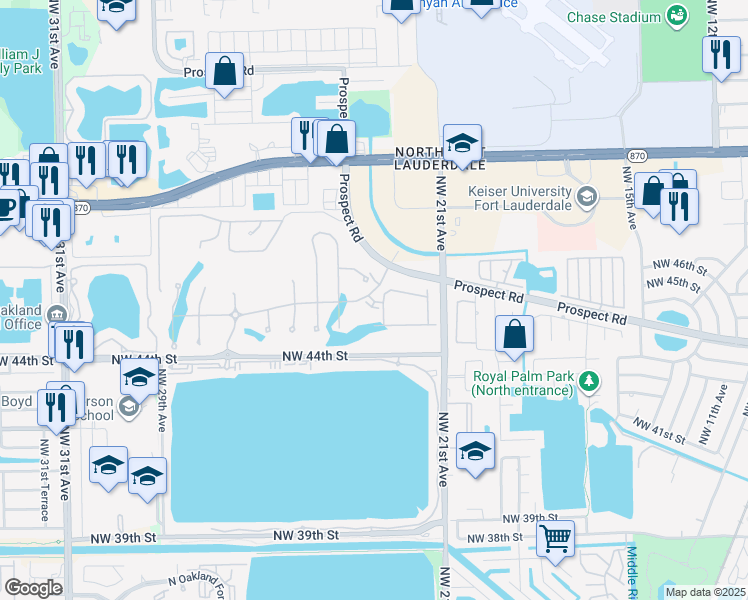 map of restaurants, bars, coffee shops, grocery stores, and more near 2325 Rollingwood Court in Oakland Park
