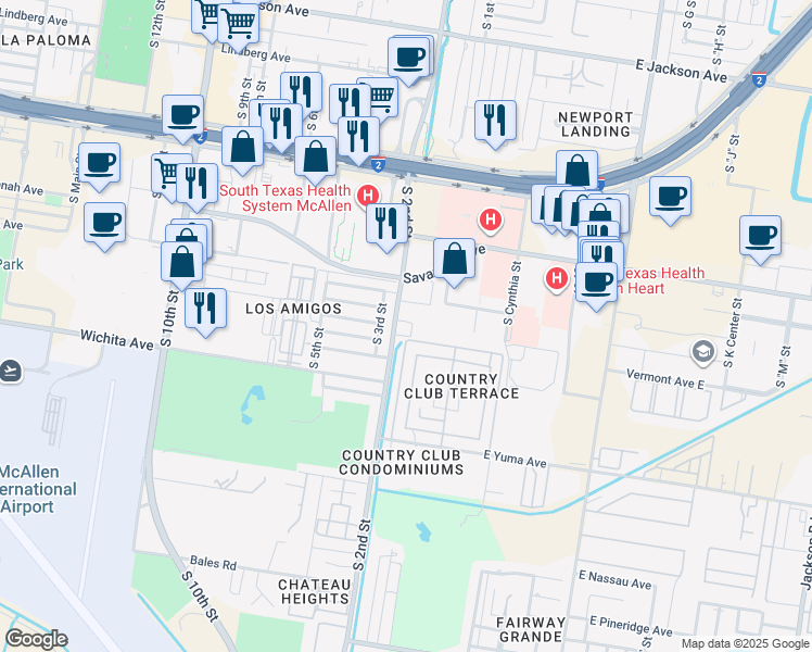 map of restaurants, bars, coffee shops, grocery stores, and more near 2105 South 2nd Street in McAllen