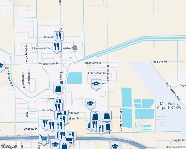 map of restaurants, bars, coffee shops, grocery stores, and more near 601 East Roosevelt Street in Weslaco