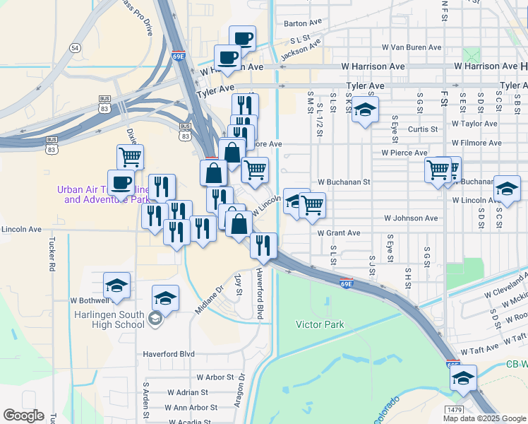 map of restaurants, bars, coffee shops, grocery stores, and more near 1002 South Expressway 83 in Harlingen