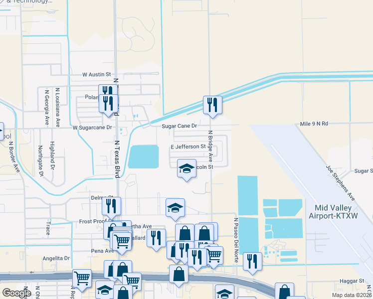 map of restaurants, bars, coffee shops, grocery stores, and more near 715 East Roosevelt Street in Weslaco