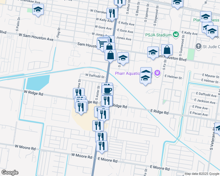 map of restaurants, bars, coffee shops, grocery stores, and more near 1207 South Cage Boulevard in Pharr
