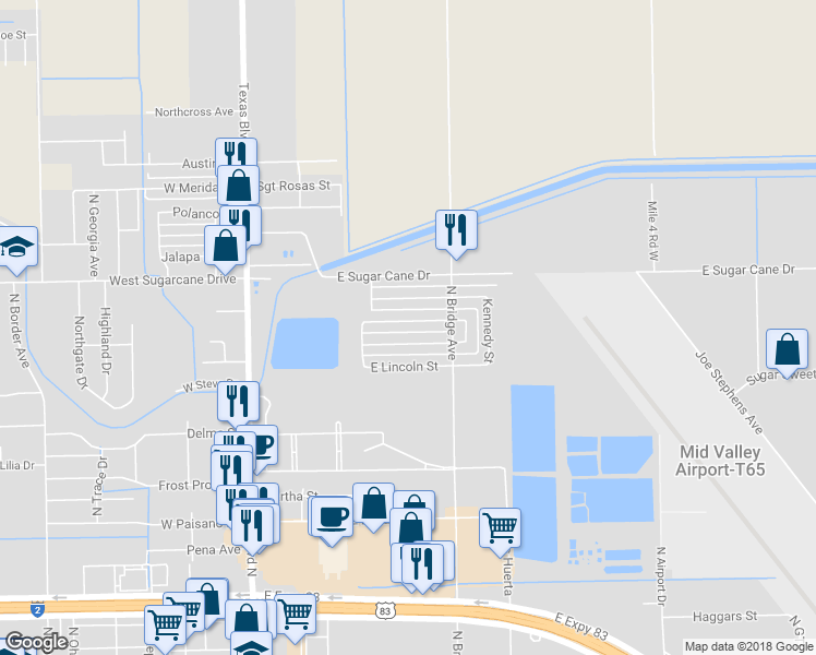 map of restaurants, bars, coffee shops, grocery stores, and more near 710 East Jefferson Street in Weslaco