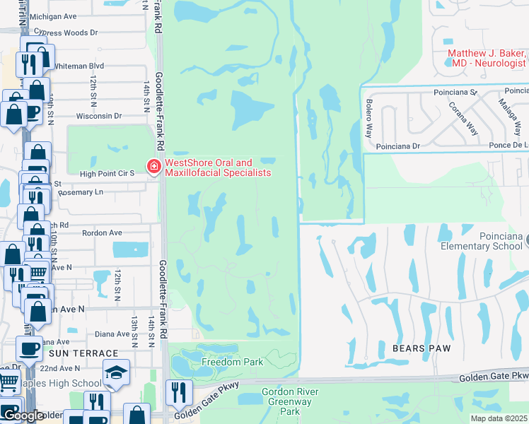 map of restaurants, bars, coffee shops, grocery stores, and more near 110 Wilderness Drive in Naples