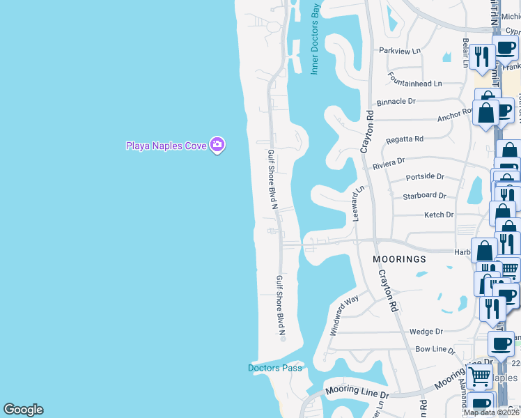 map of restaurants, bars, coffee shops, grocery stores, and more near 3115 Gulf Shore Boulevard North in Naples