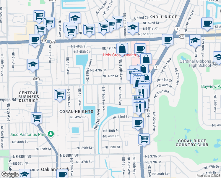 map of restaurants, bars, coffee shops, grocery stores, and more near 4430 Northeast 17th Avenue in Oakland Park