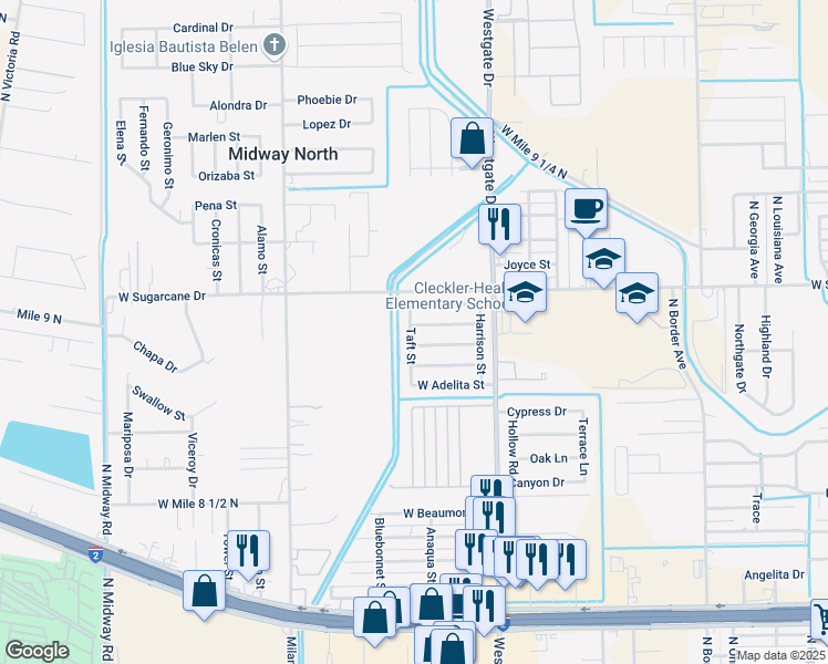 map of restaurants, bars, coffee shops, grocery stores, and more near 2001 West Roosevelt Street in Weslaco