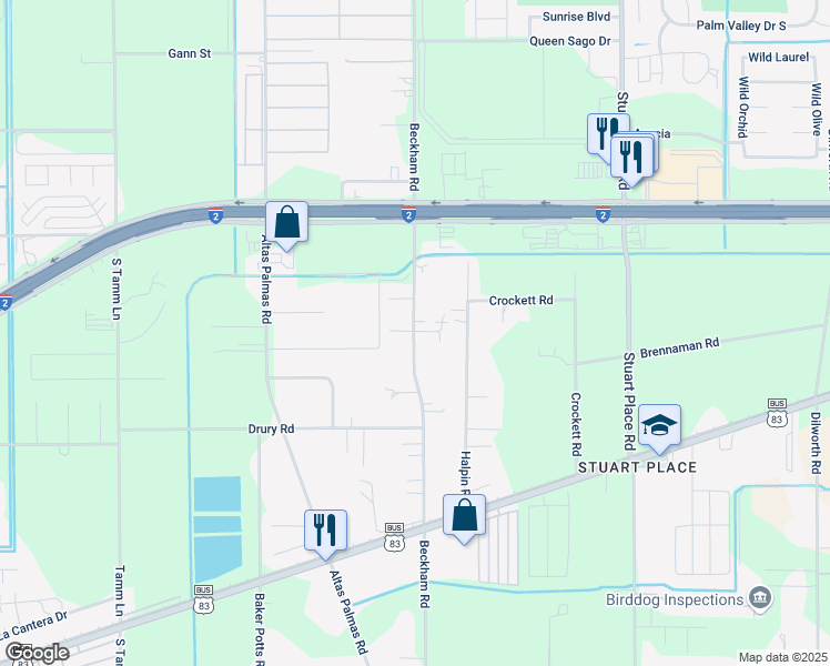 map of restaurants, bars, coffee shops, grocery stores, and more near 25901 Beckham Road in Harlingen