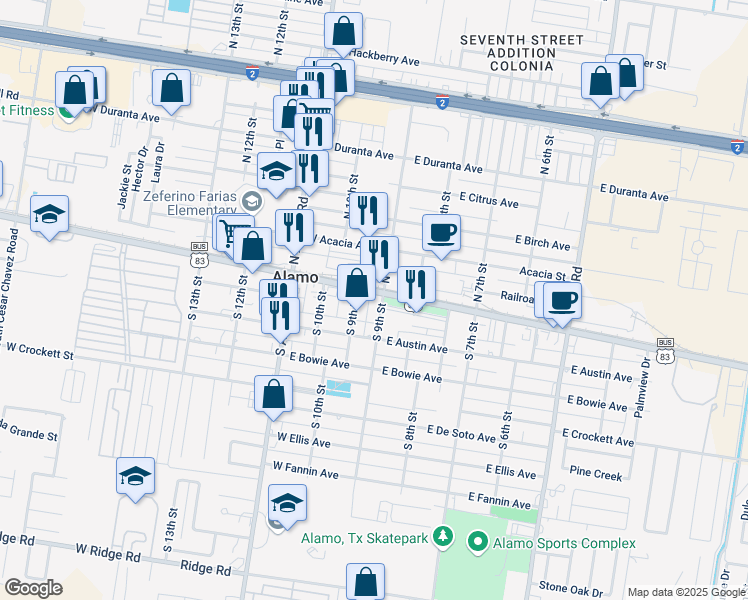 map of restaurants, bars, coffee shops, grocery stores, and more near 111 South 9th Street in Alamo