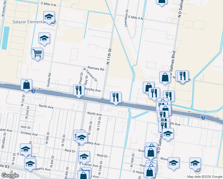 map of restaurants, bars, coffee shops, grocery stores, and more near 800 North 11th Street in Donna