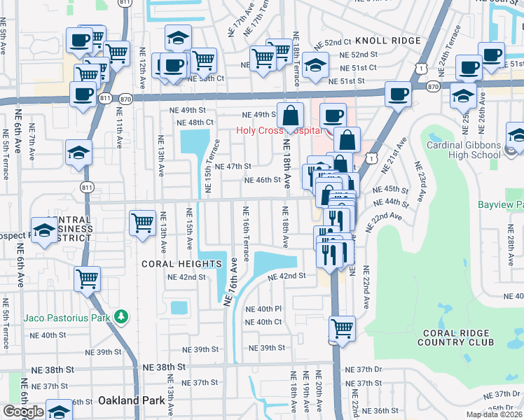 map of restaurants, bars, coffee shops, grocery stores, and more near 4430 Northeast 17th Avenue in Oakland Park