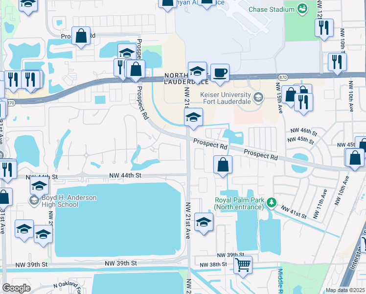 map of restaurants, bars, coffee shops, grocery stores, and more near in Oakland Park