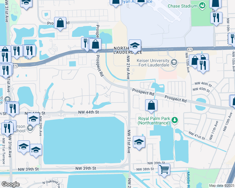 map of restaurants, bars, coffee shops, grocery stores, and more near in Oakland Park